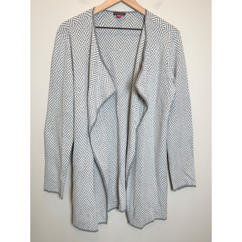 Vince Camuto Herringbone Gray White Stripe Open Draped Cardigan Sweater M Knit